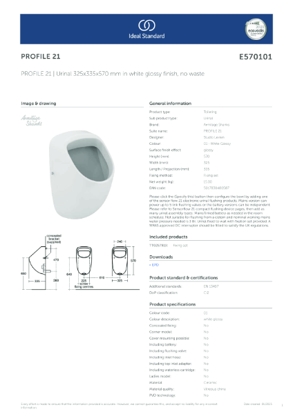 Profile 21 Rimmed Back Inlet Urinal Bowl - Data Sheet