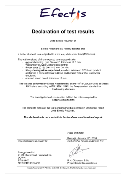 energystore Superbead Fire Test Certificate (Timber Stud Wall)