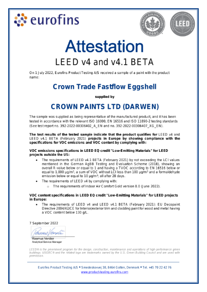 Fastflow QD Eggshell LEED Attestation