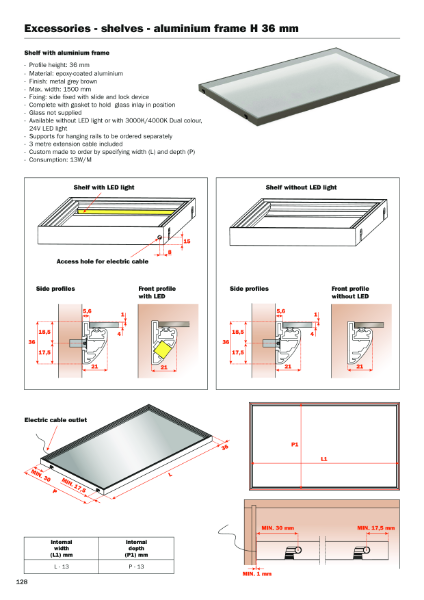 Accessories - shelves - aluminium frame H 36 mm