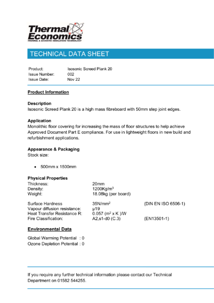 Isosonic Screed Plank 20 Technical Data Sheet
