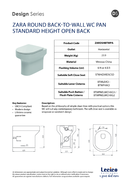 Zara Round Back-To-Wall WC Pan Standard Height Open Back