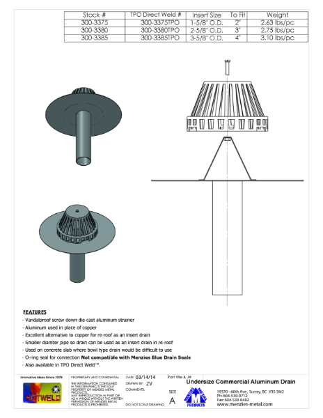 TECHNICAL DRAWING - COMMERCIAL UNDERSIZE ALUMINUM DRAIN