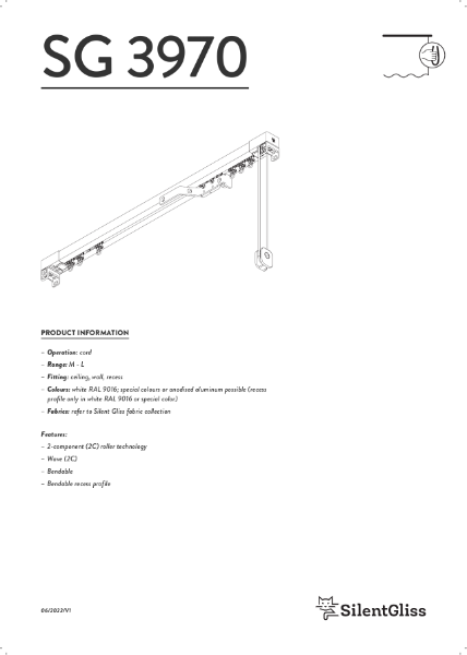 Silent Gliss Cord Operated Curtain Track SG 3970 Technical Data