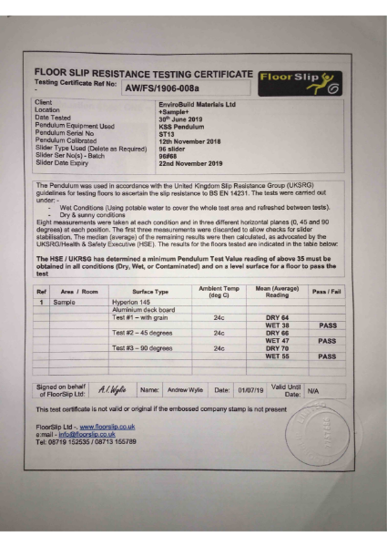 Hyperion Aluminium 145 Decking - Slip Test (Colour coated)