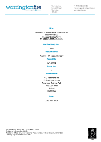 FR Certification for Impregnated Sentrin FRX treatment