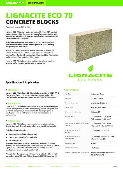 Lignacite ECO 70 Concrete Blocks Datasheet