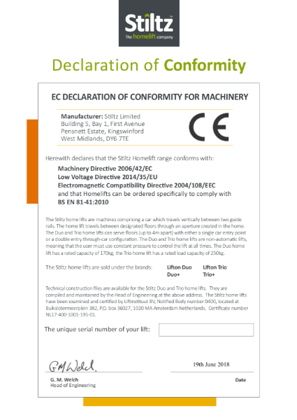 Declaration of Conformity - Stiltz+ product range