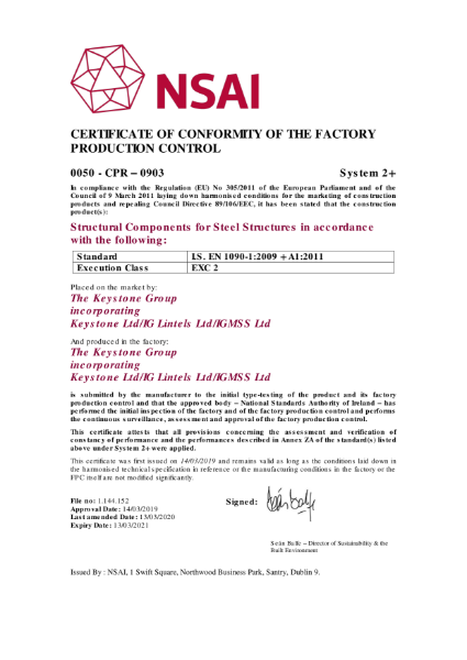 National Standards Authority of Ireland: NSAI marked to IS EN 1090-1