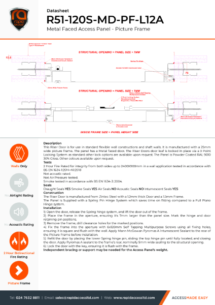 Datasheet - Metal Faced Riser Door Picture Frame 2 Hour Fire Rated Smoke Tested – R51-120S-MD-PF-L12A