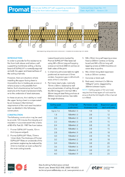 Promat Supalux self supporting ceiling access from below 120 minutes (TDS111)