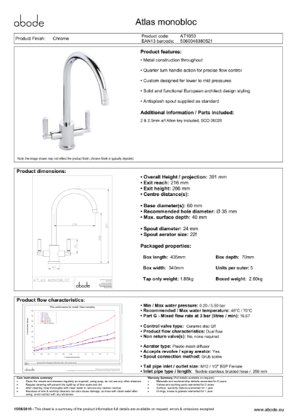 Atlas Monobloc in Chrome (AT1053) Consumer Specification