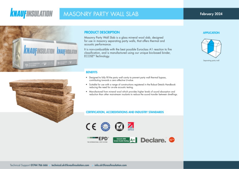 Knauf Insulation Masonry Party Wall Slab - Product Datasheet