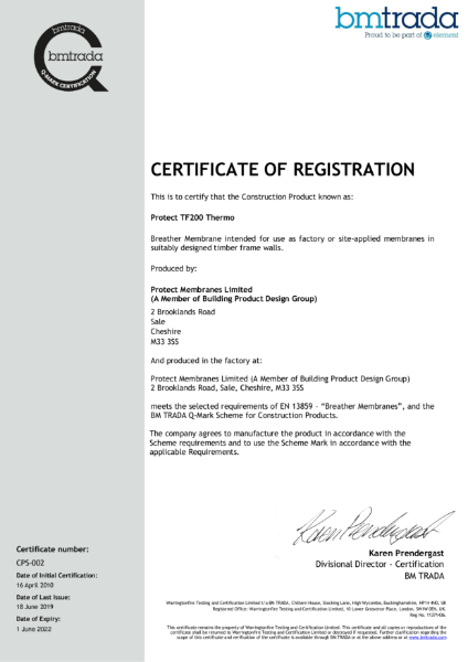 Protect TF200 Thermo BM TRADA Certificates No CPS-002