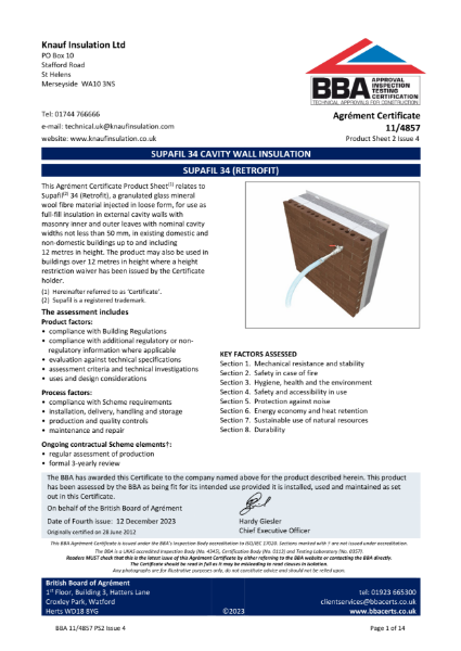 Knauf Insulation Supafil® 34 - BBA Certificate 11/4857 (Retrofit)