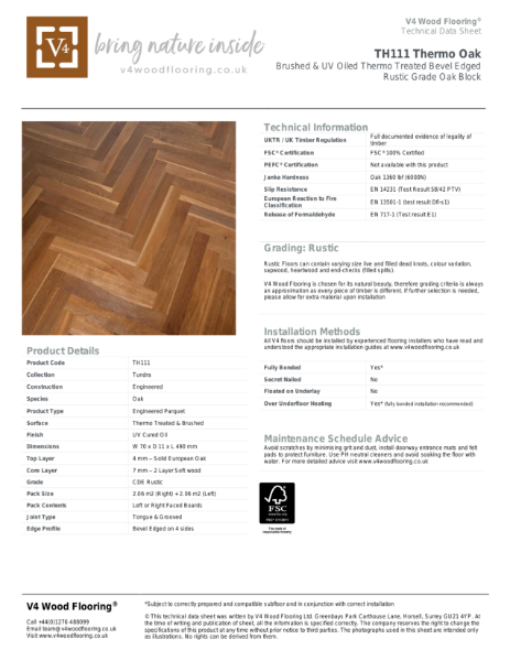 TH111 Thermo Oak I Technical Datasheet