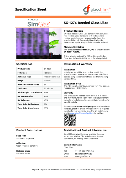 SX-1276 Reeded Glass Lilac Specification Sheet