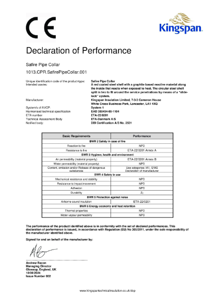 Kingspan Safire Pipe Collar Declaration of Performance (Issue 2)