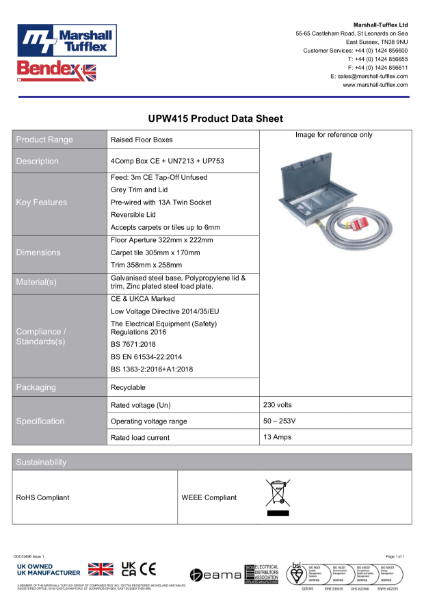 UPW415 Raised Floor Box Product Data Sheet