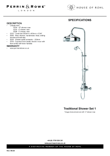 Traditional Shower Set 1 Spec Sheet