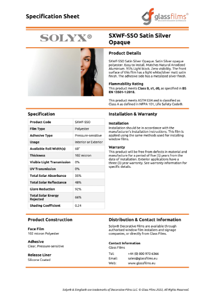 SXWF-SSO Satin Silver Opaque Specification Sheet