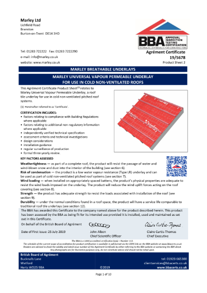 BBA - MARLEY UNIVERSAL VAPOUR PERMEABLE UNDERLAY
FOR USE IN COLD NON-VENTILATED ROOFS