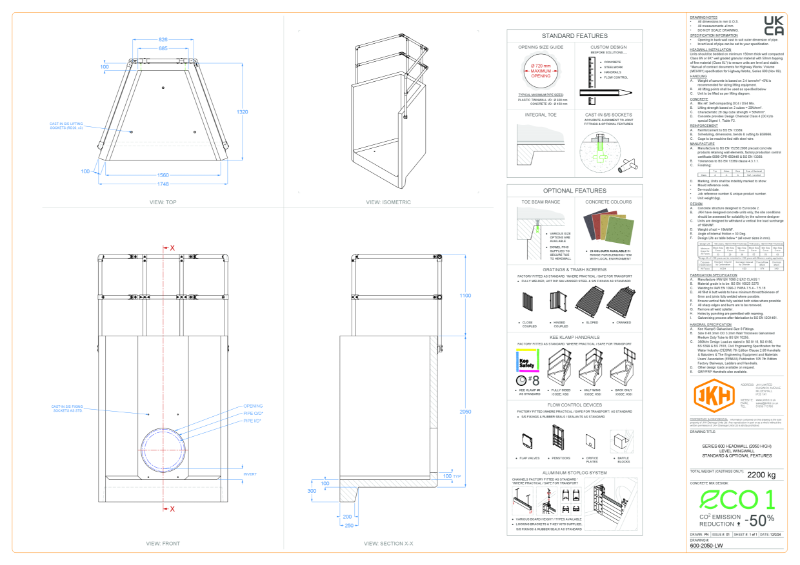 SERIES 600 HEADWALL (LEVEL WINGWALL, 2050mm HIGH)