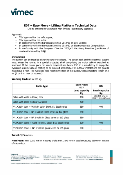 Easy Move E07 Lifting Platform - Technical Data