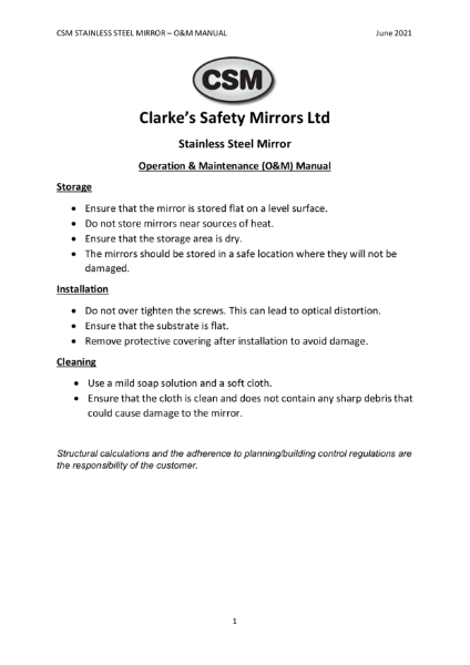 CSM Stainless Steel Mirror O&M Manual