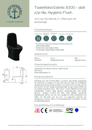 Toalettstol Estetic 8300 - dolt s/p-lås, Hygienic Flush Produktblad