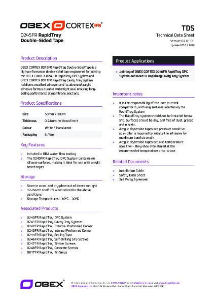 OBEX CORTEX 0245FR RapidTray Double-Sided Tape_TDS