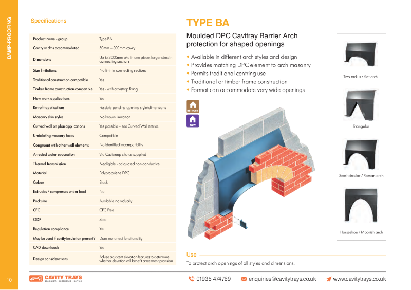 Type BA arch dpc cavity tray arch openings
