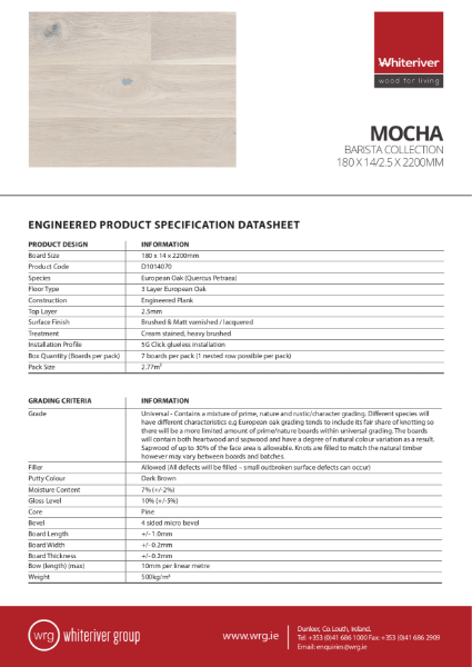 180 x 14 x 2200mm Barista Mocha Plank Spec Sheet
