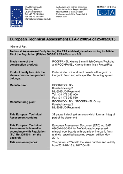 European Technical Assessmentl ETA-12/0054 Certificate