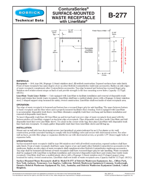 ConturaSeries® Surface-Mounted Waste Receptacle with LinerMate® - B-277