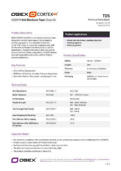 OBEX CORTEX 0250FR Rail Blackout Tape - Data Sheet