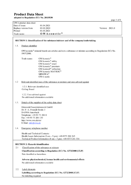 OWAcoustic mineral tile MSDS