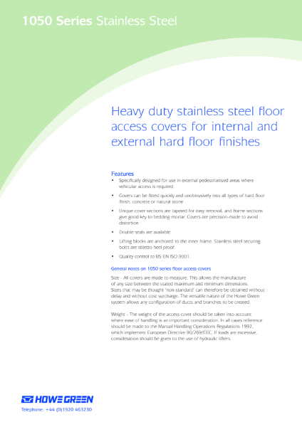 1050 Series Heavy-Duty Floor Access Cover Technical Data Sheet