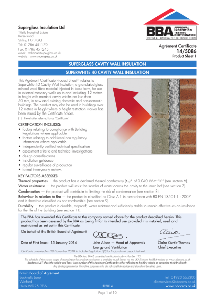 SUPERWHITE 40 CAVITY WALL INSULATION CERTIFICATE 14/5086