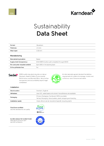 Sustainability Data Sheet - Heritage Collection Gluedown