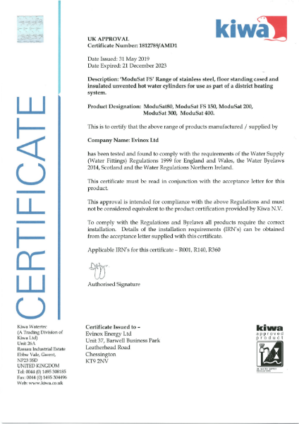 Kiwa UK 1812389/AMD1 Approval for ModuSat FS