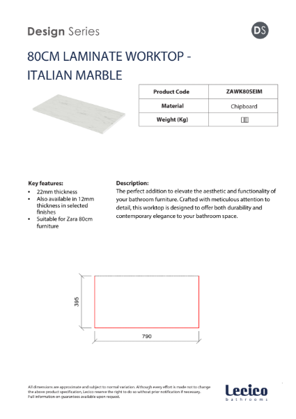 Zara 80 cm Width 22 mm Worktop - Italian Marble