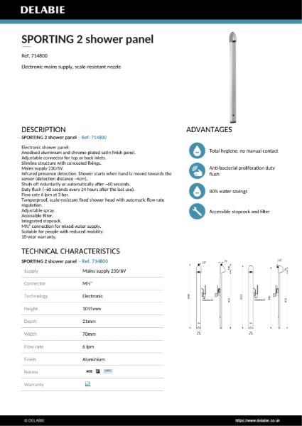 SPORTING 2 shower panel Data Sheet - 714800