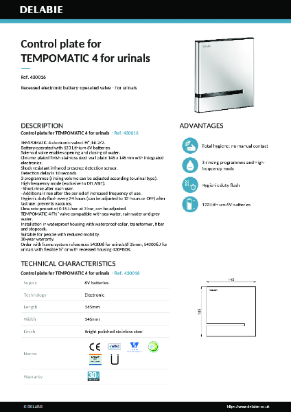 TEMPOMATIC 4 for Urinals 430016 data sheet