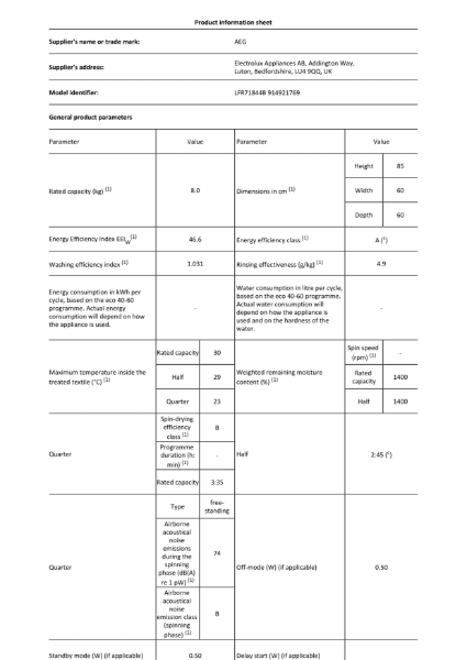 LFR71844B - Product Information Sheet