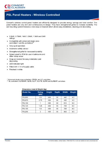 PSL Panel Heater data sheet