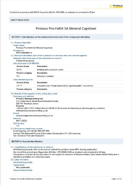 Safety Data Sheet - Proteus Pro-Felt® SA Mineral Capsheet