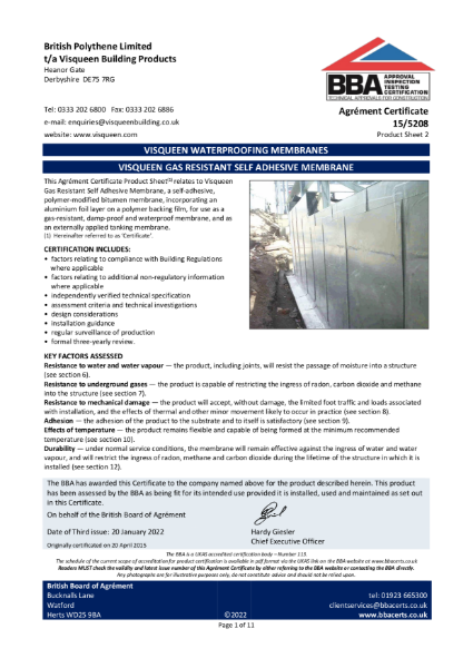 BBA Certificate Visqueen Gas Resistant Self Adhesive Membrane