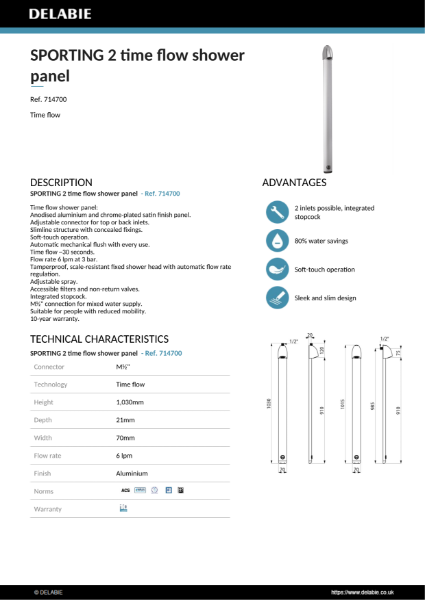 SPORTING 2 time flow shower panel Data Sheet - 714700