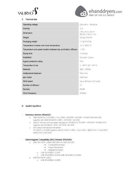 Valiryo Body Dryer - Technical Specifications